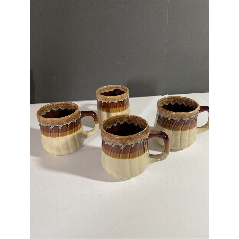 Set Of 4 Vintage Stoneware Coffee Mug Brown And‎ Tan Stripe 70s Style Tri Color